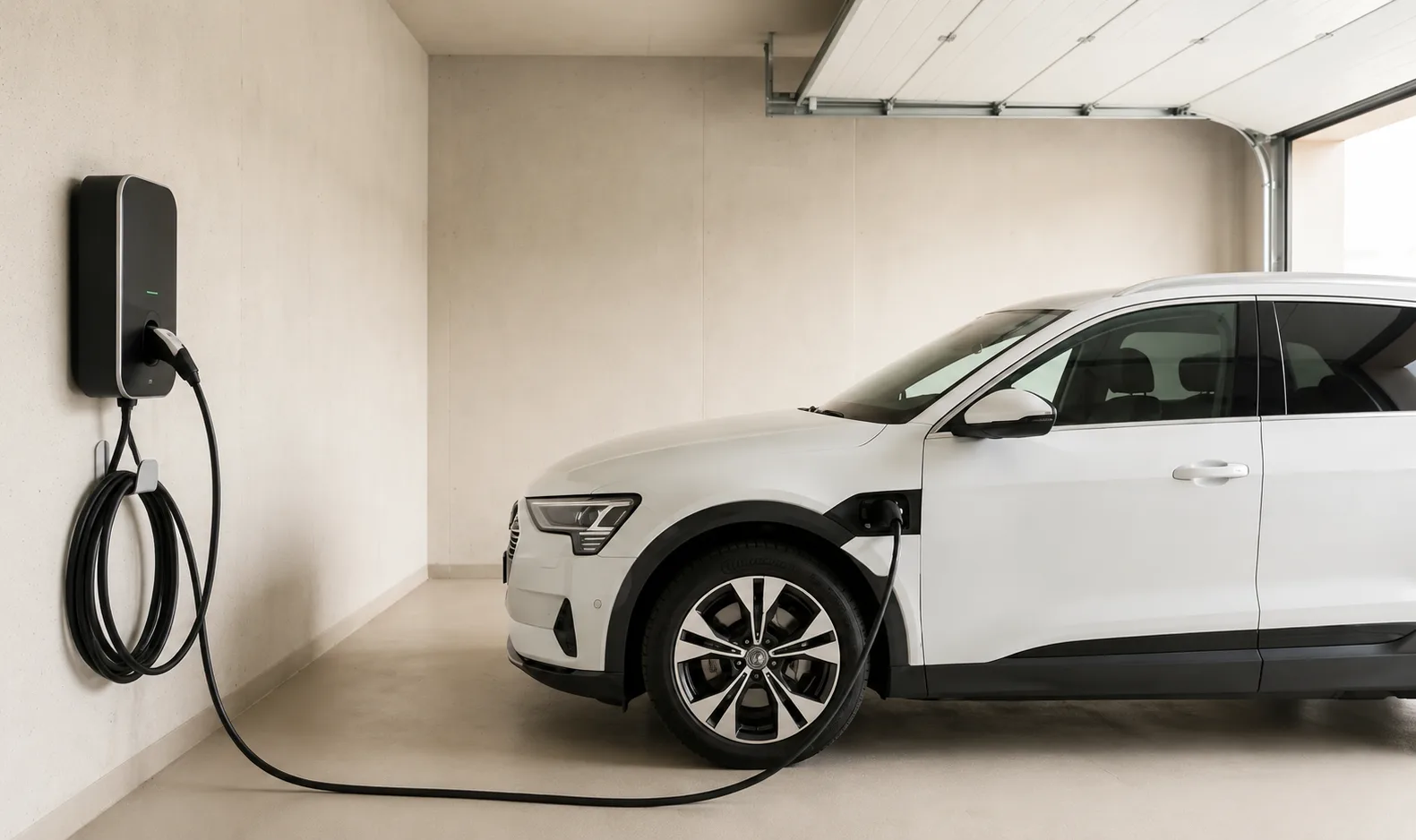 Wallbox mit angestecktem Elektroauto in heller Garage